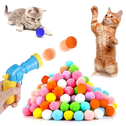 CYXZMYA Katzenspielzeug 50 Bälle,Interaktives Katzenspielzeug Mit Kunststoff Startwerkzeug,Plush Ball Interactive Cat Toy,Training Katzen Ball Launcher,Cat Toy,für Lndoor Haustier Katzen(30mm) von CYXZMYA