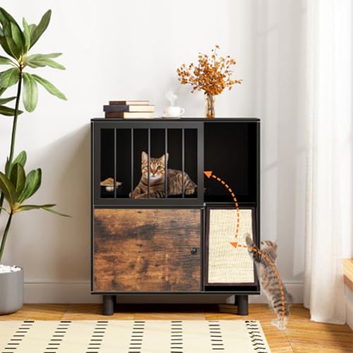 CYzpf Katzenfutterstation aus Holz mit Aufbewahrungsbox und abnehmbarem Katzennapf, Katzenhaus mit Kratzbrett und zu öffnender Gittertür, Katzenmöbeltisch für den Innenbereich von CYzpf