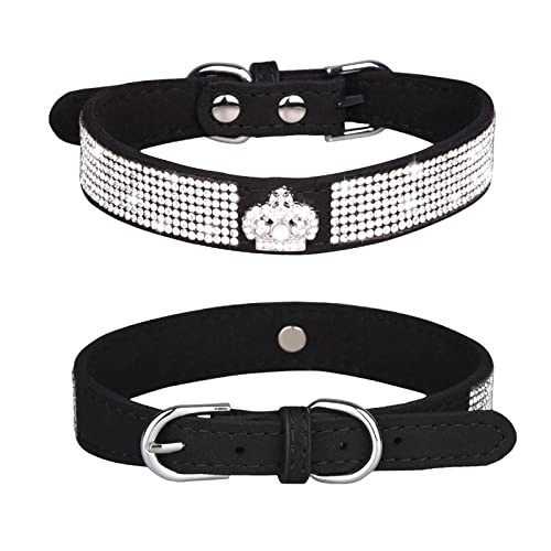 Hundehalsband Leder Breit große kleine mittelgroße Hunde Hundehalsband mit Strasssteinen, glitzernd, Weiches Wildleder, für Hunde und Katzen von Cachi