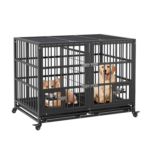 Cachpib Hundekäfig Hundebox Mit Bodenschale, Hundegitterbox Mit 2 Türen, Tablett Und Abnehmbarem Trennwand, Hundekäfig Mit 360° Feststellbaren Rädern Für Kleine, Mittelgroße Und Große Hunde von Cachpib