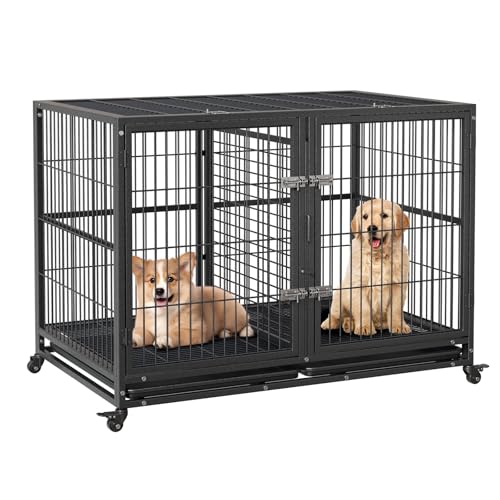 Cachpib Hundekäfig Hundebox Mit Bodenschale, Hundegitterbox Mit 2 Türen, Tablett Und Abnehmbarem Trennwand, Hundekäfig Mit 360° Feststellbaren Rädern Für Kleine, Mittelgroße Und Große Hunde von Cachpib