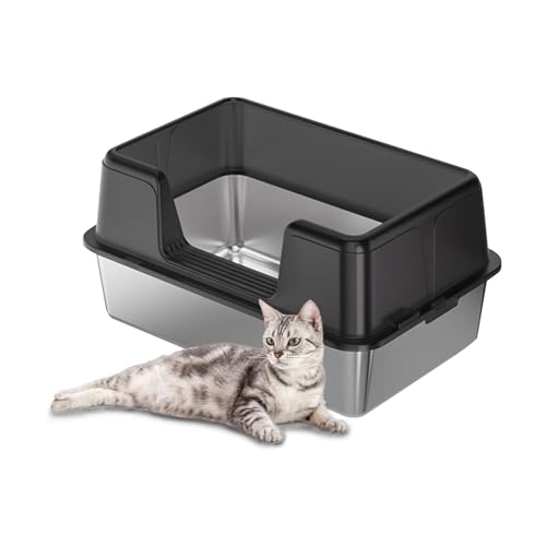 Cachpib Katzenklo Edelstahl mit Deckel, Katzentoilette mit hohen Seitenwänden, Katzenklo mit Rutschfester Katzenstreumatte und Schaufel von Cachpib