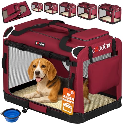 CADOCA® Hundebox faltbar Transportbox L 70x52x50cm robust atmungsaktiv Transporttasche Auto Rückbank Haustiertransportbox Hundetragetasche Dunkelrot von Cadoca
