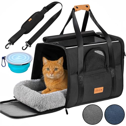 CADOCA® Transportbox Katzen bis 20kg faltbar Schultergurt mit Napf Atmungsaktiv Komfortabel Wendekissen Haustier Katzenbox Tragetasche Rucksack Hunde Auto Anthrazit von Cadoca
