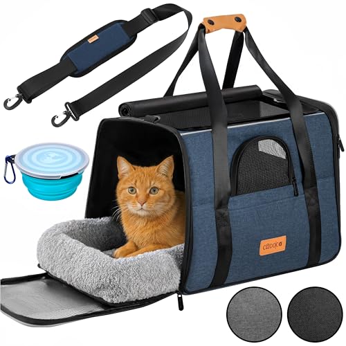 CADOCA® Transportbox Katzen bis 20kg faltbar Schultergurt mit Napf Atmungsaktiv Komfortabel Wendekissen Haustier Katzenbox Tragetasche Rucksack Hunde Auto Blau von Cadoca