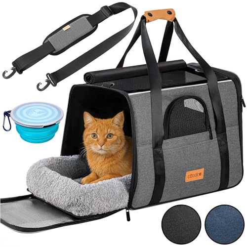 CADOCA® Transportbox Katzen bis 20kg faltbar Schultergurt mit Napf Atmungsaktiv Komfortabel Wendekissen Haustier Katzenbox Tragetasche Rucksack Hunde Auto Grau von Cadoca