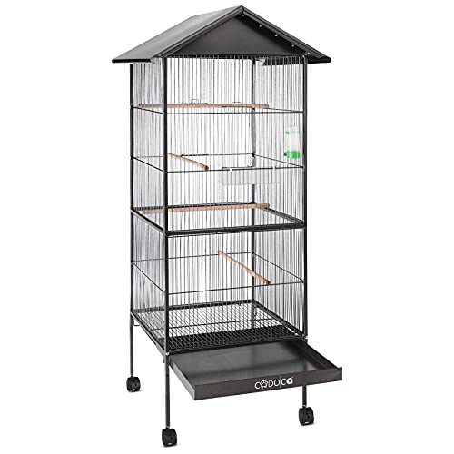 CADOCA® Vogelvoliere mit Dach 130x52x52cm Schmutzschublade Indoor Outdoor Vogelkäfig Vogelbauer Vogelhaus Voliere mit Zubehör rollbar Schwarz von Cadoca