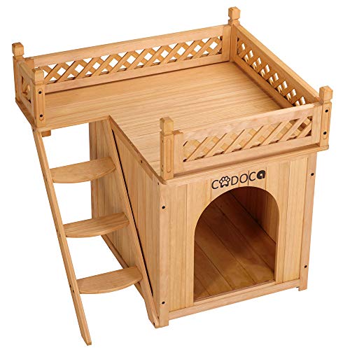 Cadoca® Katzenhaus FSC®-zertifiziertes Holz 65x55x54cm 2-stöckig Leiter Balkon Katzenhütte Hundehütte Katzenvilla Tierhaus Sonnenterrasse von Cadoca