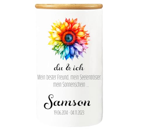 Cadouri Design-Erinnerungsdose DU & ICH - Aufbewahrungsdose aus Porzellan für Andenken deiner Fellnase, Gedenkdose mit Bambusdeckel - personalisiert mit Name und Datum von Cadouri