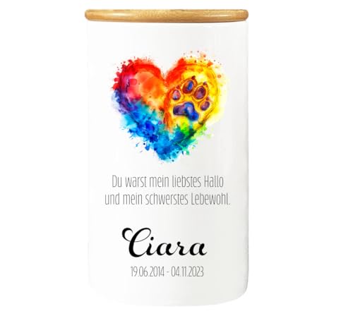 Cadouri Design-Erinnerungsdose Lebewohl Tierurne, Aufbewahrungsdose aus Porzellan für Andenken deiner Fellnase, Gedenkdose mit Bambusdeckel - personalisiert mit Name und Datum Cadouri Design-Erinnerungsdose Lebewohl Tierurne, Aufbewahrungsdose aus Porzellan für Andenken deiner Fellnase, Gedenkdose mit Bambusdeckel - personalisiert mit Name und Datum von Cadouri