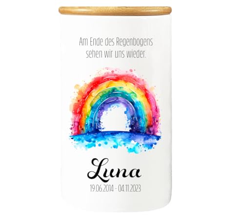 Cadouri Design-Erinnerungsdose Regenbogen - Aufbewahrungsdose aus Porzellan für Andenken deiner Fellnase, Gedenkdose mit Bambusdeckel - personalisiert mit Name und Datum von Cadouri