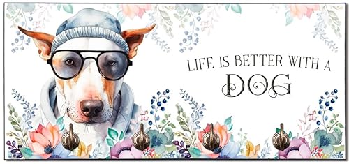 Cadouri Design-Hundegarderobe mit Bullterrier - Leinenhalterung für Halsband, Leine & Geschirr - originelles Geschenk für Hundebesitzer - handgefertigt von Cadouri