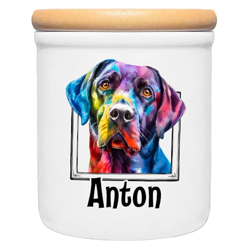 Cadouri Keramik Leckerli-Dose Labrador » personalisiert mit Name deines Hundes «┊Snackdose Keksdose Aufbewahrungsdose┊mit Holzdeckel von Cadouri