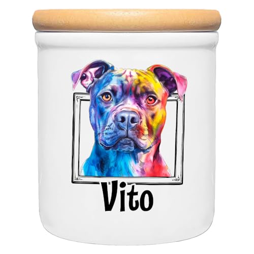 Cadouri Keramik Leckerli-Dose Staffordshire Terrier » personalisiert mit Name deines Hundes «┊Snackdose Keksdose Aufbewahrungsdose┊mit Holzdeckel von Cadouri