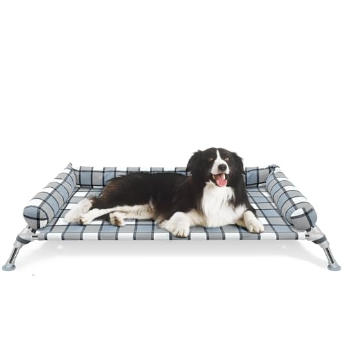 Erhöhtes Hundebett, kühlendes erhöhtes Hundebett mit Nackenrolle, tragbar, waschbar, Haustierhängematte mit Kissen und Metallrahmen für drinnen und draußen, groß Erhöhtes Hundebett, kühlendes erhöhtes Hundebett mit Nackenrolle, tragbar, waschbar, Haustierhängematte mit Kissen und Metallrahmen für drinnen und draußen, groß von Caghash