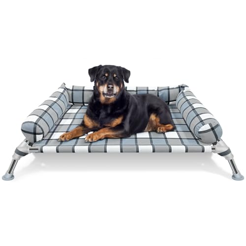 Erhöhtes Hundebett, kühlendes erhöhtes Hundebett mit Kissen, tragbar, waschbar, Haustierbett mit Metallrahmen, Hundehängematte für drinnen und draußen von Caghash