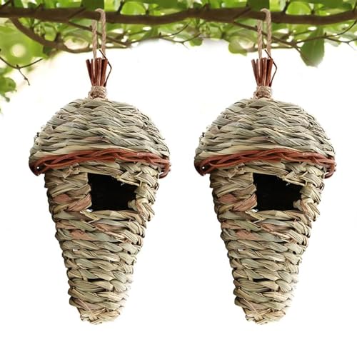 2 Stück Gras Bird Nest, Vogelnest Gras, Handgewebte Vogelhäuser, Verschleißfest Hängender Vogelnest, Handgewebte Vogelhütte Gras Bird Nest, für Wellensittich Meise, Kanarienvogel, Amsel (17x12 cm) von CaiYuanGJ