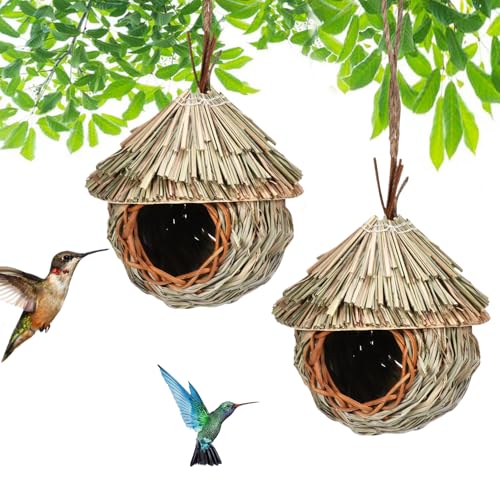 2 Stück Gras Bird Nest, Vogelnest Gras, Handgewebte Vogelhäuser, Verschleißfest Hängender Vogelnest, Handgewebte Vogelhütte Gras Bird Nest, für Wellensittich Meise, Kanarienvogel, Amsel (19x15 cm) von CaiYuanGJ