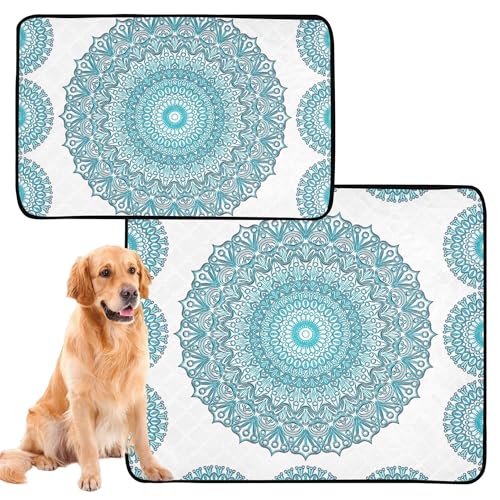 Hundematte für Katzen, waschbar, wasserdicht, rutschfest, Bodenmatte für Auto und Flugzeug, 61 x 91,4 cm + 91,4 x 106,7 cm, türkis, Mandala, Blumen, ethnische dekorative Elemente, 2 Stück Hundematte für Katzen, waschbar, wasserdicht, rutschfest, Bodenmatte für Auto und Flugzeug, 61 x 91,4 cm + 91,4 x 106,7 cm, türkis, Mandala, Blumen, ethnische dekorative Elemente, 2 Stück von Caihoyu