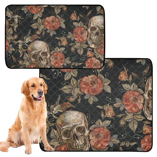 Hundeunterlagen, waschbar, wasserdicht, rutschfest, für Reisen, 61 x 91,4 cm + 91,4 x 106,7 cm, Stickerei, Vintage-Totenkopf-Motiv, Happy Halloween und Rosen, 2 Stück Hundeunterlagen, waschbar, wasserdicht, rutschfest, für Reisen, 61 x 91,4 cm + 91,4 x 106,7 cm, Stickerei, Vintage-Totenkopf-Motiv, Happy Halloween und Rosen, 2 Stück von Caihoyu