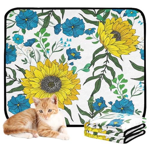 Wasserabsorbierende Matte für Hundenapf, waschbar, wasserdicht, rutschfest, für Boden, 61 x 91,4 cm + 91,4 x 106,7 cm, Sonnenblumen, Blau, Wildblumen, Weiß, 2 Stück Wasserabsorbierende Matte für Hundenapf, waschbar, wasserdicht, rutschfest, für Boden, 61 x 91,4 cm + 91,4 x 106,7 cm, Sonnenblumen, Blau, Wildblumen, Weiß, 2 Stück von Caihoyu