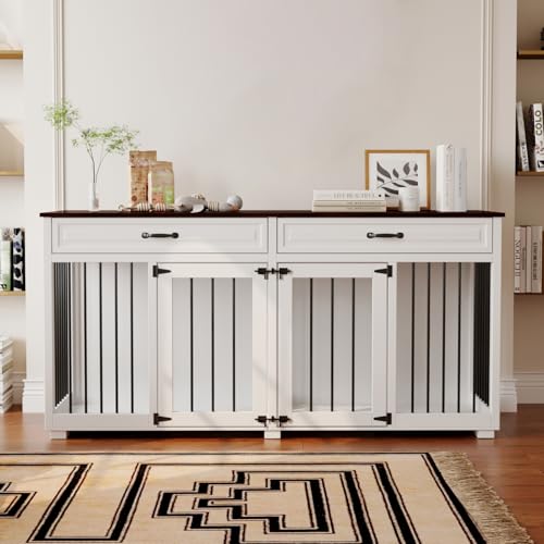 Hundekäfig mit 2 Schubladen und 2 Türen,Hundebox für Innenbereich,Hundehaus mit getrenntem Innenraum,Weiß+Dunkelbraun,MDF,160×60×80cm,Hundehütte für 2 Hunde von Caldion