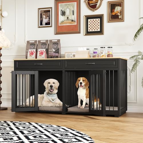 Hundekäfig mit 2 Schubladen und 2 Türen,Hundebox für Innenbereich,Hundehaus mit getrenntem Innenraum,Schwarz und Eichenfarbe,MDF,164×60×80cm,Hundehütte für 2 Hunde Hundekäfig mit 2 Schubladen und 2 Türen,Hundebox für Innenbereich,Hundehaus mit getrenntem Innenraum,Schwarz und Eichenfarbe,MDF,164×60×80cm,Hundehütte für 2 Hunde von Caldion