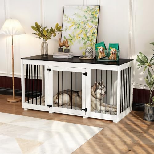 Moderne Hundebox mit 1 Gittertür,Hundehütte aus MDF und Metall,Transportbox für Haustier,atmungsaktiv,Hundehaus für mittelgroße Hunde,Hundekäfig für Innenbereich,Wohnzimmer,136x56x70cm von Caldion