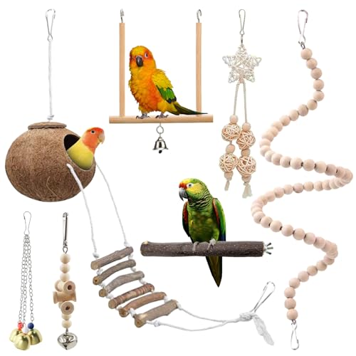 Calenxy 7 Stück Vogel Spielzeug, Wellensittich Spielzeuge mit Leiter, Kokosnuss Vogelkäfig Spielzeug, Vogelkäfig Zubehör Stehsitzstange, Hängematte Kletterleiter für Sittiche Finken Kleine Haustiere von Calenxy