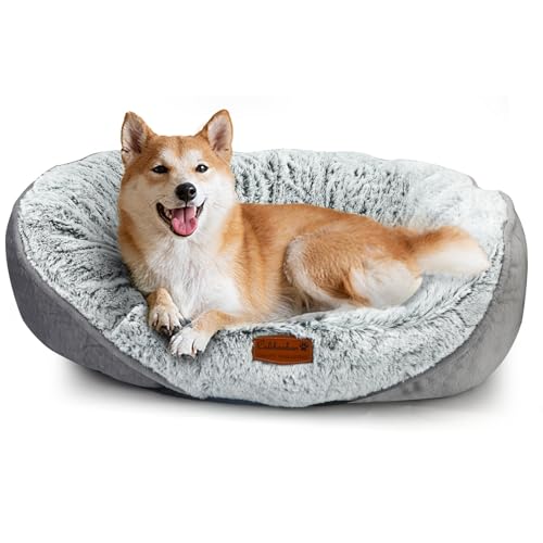 Hundebetten für mittelgroße und kleine Hunde, rundes Katzenbett für Hauskatzen, waschbares Haustierbett für Welpen und Kätzchen, mit rutschfester Unterseite, Hellgrau, 63,5 x 55,9 x 20,3 cm (L x B x Hundebetten für mittelgroße und kleine Hunde, rundes Katzenbett für Hauskatzen, waschbares Haustierbett für Welpen und Kätzchen, mit rutschfester Unterseite, Hellgrau, 63,5 x 55,9 x 20,3 cm (L x B x von Calibonbon