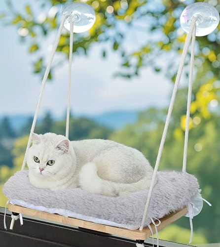 Katzen-Fensterstange, faltbar, weiches Katzen-Fensterbett zum Übersehen, Sonnenbaden und Klettern, stabiler Katzensitz montiert mit starken Saugnäpfen, maximale Tragkraft bis zu 18 kg (Hellgrau) von Caloreduce