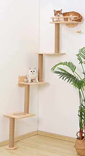 Katzenbaum, Wandmontage, mit 4 Ebenen, Katzenregal, 185,4 cm, Holz, Kletterturm für den Innenbereich, Katzenwand zum Kratzen, Spielen und Faulenzen von Caloreduce