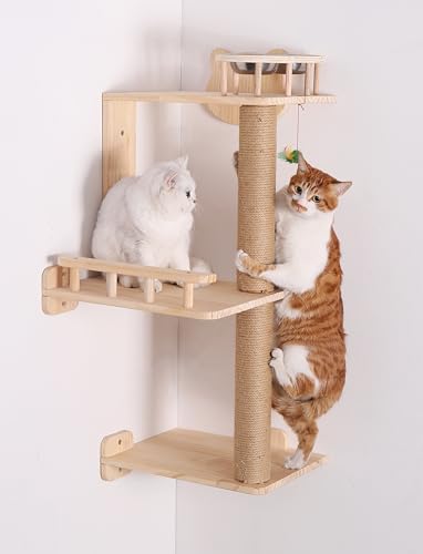 Wandmontierter Eck-Katzenbaum mit Futterspender, 3 Ebenen, Katzenwandregale für Indoor-Katzen, vertikales Klettern, 124,5 cm, Holz, Katzenwandmöbel Wandmontierter Eck-Katzenbaum mit Futterspender, 3 Ebenen, Katzenwandregale für Indoor-Katzen, vertikales Klettern, 124,5 cm, Holz, Katzenwandmöbel von Caloreduce