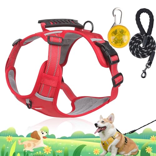 Chewie Cozy Harness, No Pull Dog Harness with Leash Set, Adjustable Dog Vest with Reflective, Escape Proof Dog Harness for Small Medium Large Dogs (Red+LED Light, M(15-28kg)) von Camic