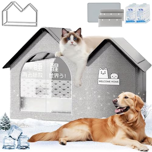 Cool & Cozy Kühlhaus, Pet Cooling House, Kühlzelt with 10 Ice Packs für Katzen, Puppies, Katzenhaus mit Kühl- und Wärmematte für Jede Jahreszeit (Grau, Eisbeutel) von Camic