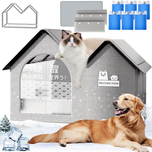 Cool & Cozy Kühlhaus, Pet Cooling House, Kühlzelt with 10 Ice Packs für Katzen, Puppies, Katzenhaus mit Kühl- und Wärmematte für Jede Jahreszeit (Grau, Eiskristallbox) von Camic