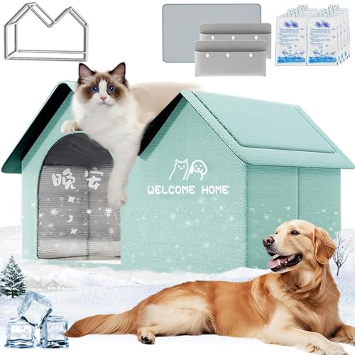 Cool & Cozy Kühlhaus, Pet Cooling House, Kühlzelt with 10 Ice Packs für Katzen, Puppies, Katzenhaus mit Kühl- und Wärmematte für Jede Jahreszeit (Seeblau, Eisbeutel) von Camic