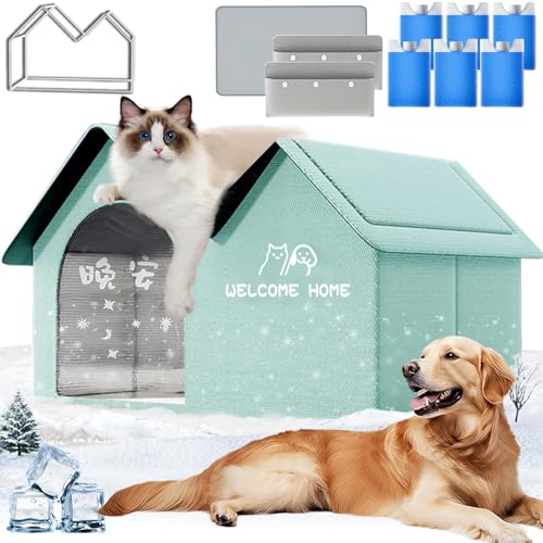 Cool & Cozy Kühlhaus, Pet Cooling House, Kühlzelt with 10 Ice Packs für Katzen, Puppies, Katzenhaus mit Kühl- und Wärmematte für Jede Jahreszeit (Seeblau, Eiskristallbox) von Camic