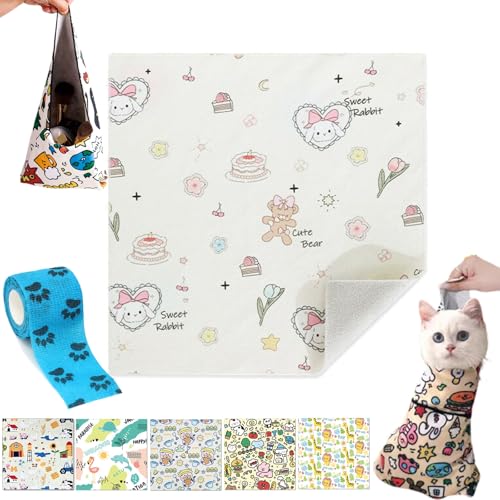 Self Adhesive Cat Wrap, Cat Burrito Wrap, Cat Grooming Wrap for Cutting Nails, Anti-Bite Cat Swaddle Wrap for Nail Trimming (B, 80 * 80cm(Within 20lbs)) von Camic