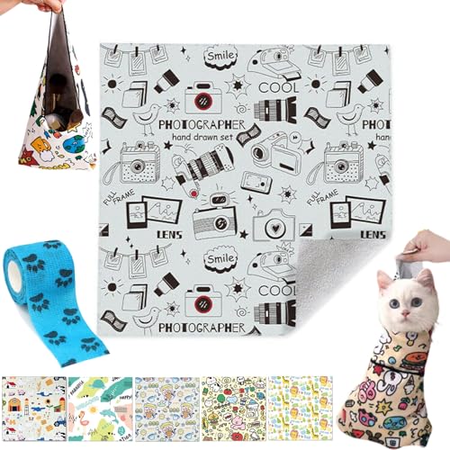Self Adhesive Cat Wrap, Cat Burrito Wrap, Cat Grooming Wrap for Cutting Nails, Anti-Bite Cat Swaddle Wrap for Nail Trimming (C, 55 * 55cm(Within 6lbs)) von Camic