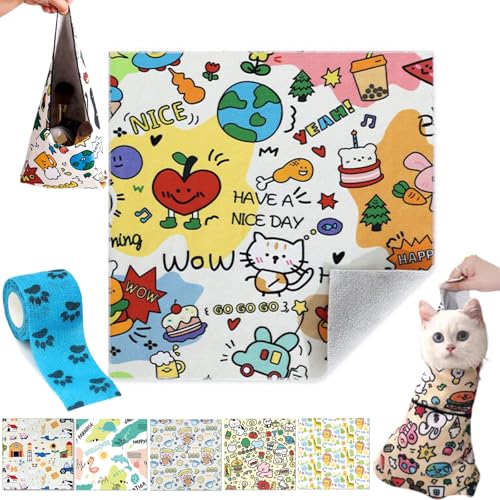 Self Adhesive Cat Wrap, Cat Burrito Wrap, Cat Grooming Wrap for Cutting Nails, Anti-Bite Cat Swaddle Wrap for Nail Trimming (D, 80 * 80cm(Within 20lbs)) von Camic