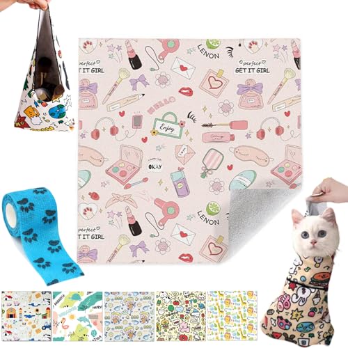 Self Adhesive Cat Wrap, Cat Burrito Wrap, Cat Grooming Wrap for Cutting Nails, Anti-Bite Cat Swaddle Wrap for Nail Trimming (G, 80 * 80cm(Within 20lbs)) von Camic