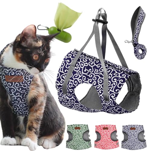 Stampopular Cat Harness, Anti-Break Stampopular Cat Vest Harness and Leash Set for Walking Escape Proof, Adjustable Kitten Vest Harness Breathable Comfortable (Blue, L) von Camic