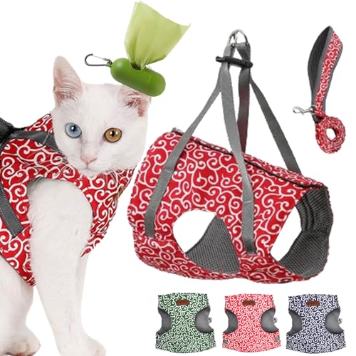 Stampopular Cat Harness, Anti-Break Stampopular Cat Vest Harness and Leash Set for Walking Escape Proof, Adjustable Kitten Vest Harness Breathable Comfortable (Red, L) von Camic