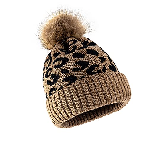 Camidy Frauen Winter Beanie Hut Wolle Gestrickte Mütze mit Bommel Leopard Muster Gekräuselt Worden Rand Warme Kappe für Frauen Mädchen von Camidy
