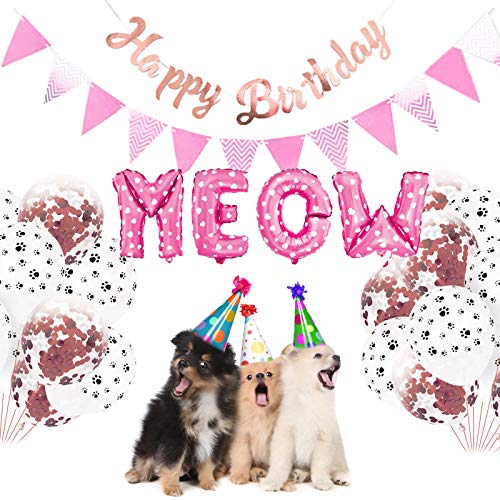 Camidy Haustier-Geburtstagsparty-Dekoration für Hunde und Katzen, Happy Birthday Banner, Konfetti Meow Woof, Ballon für Haustiergeburtstagsparty, Fotohintergrund von Camidy