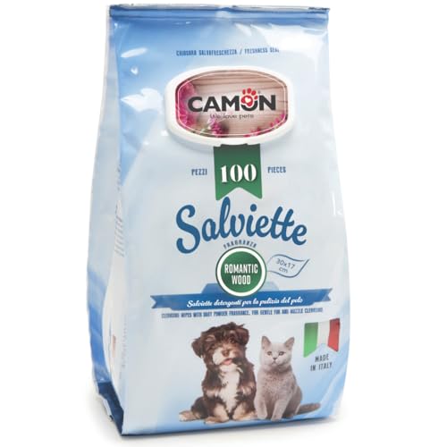 CAMON | Reinigungstücher für Hunde und Katzen, 30 x 17 cm, Packung mit 100 Stück, Duft Romanitc Wood, ohne Ethylalkohol und Parabene, hergestellt in Italien von Camon