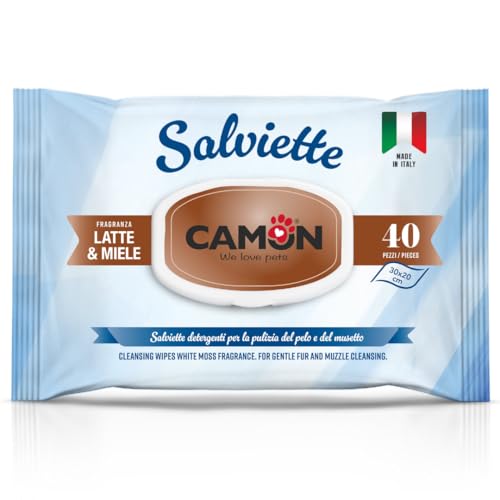 CAMON | Reinigungstücher für Hunde und Katzen, 30 x 20 cm, Packung mit 40 Stück, Duft Milch und Honig, ohne Ethylalkohol und Parabene, hergestellt in Italien von Camon