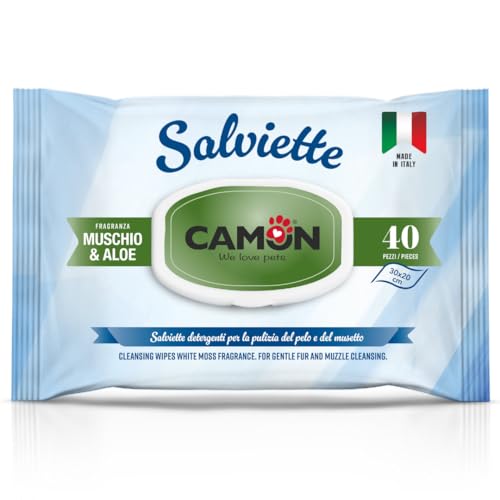 CAMON | Reinigungstücher für Hunde und Katzen, 30 x 20 cm, Packung mit 40 Stück, Duft Moschus und Aloe, ohne Ethylalkohol und Parabene, hergestellt in Italien von Camon