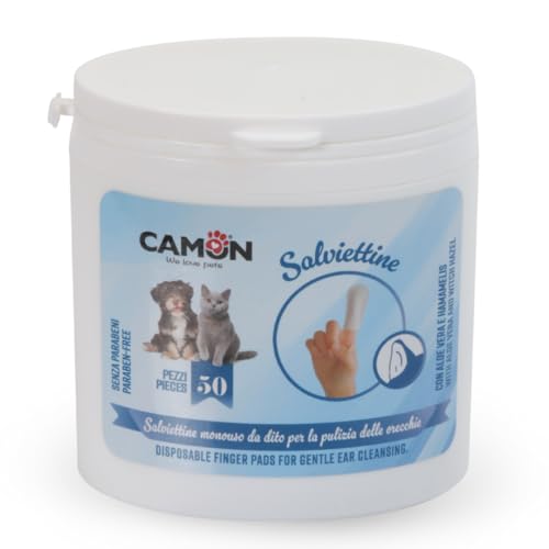 Camon Einweg-Fingertücher zur Reinigung der Ohren für Hunde und Katzen mit Aloe Vera und Hamamelis Packung mit 50 Stück von Camon